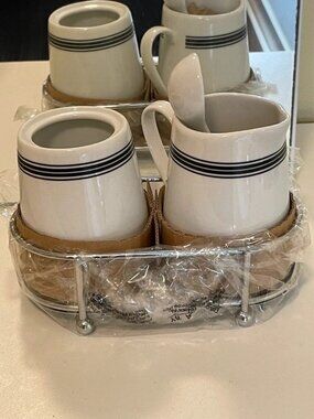 Pottery Barn Cafe Condiment Set White Black Stripe New